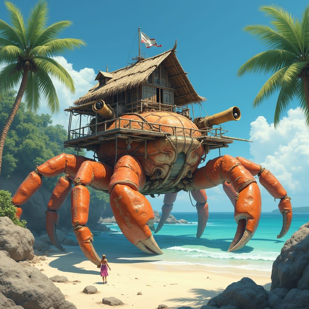 Colossal Crab Crawling with Beach Hut