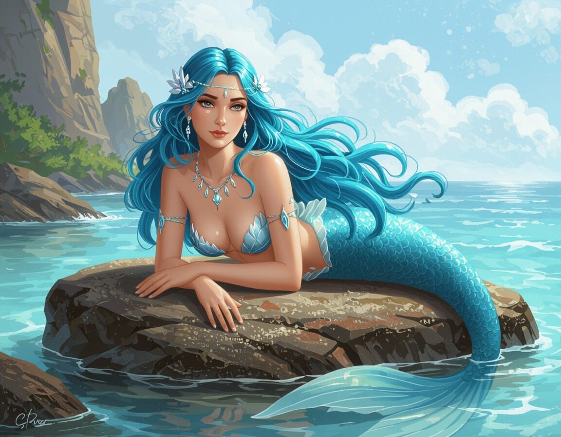 Blue-Haired Mermaid Goddess Resting by the Ocean