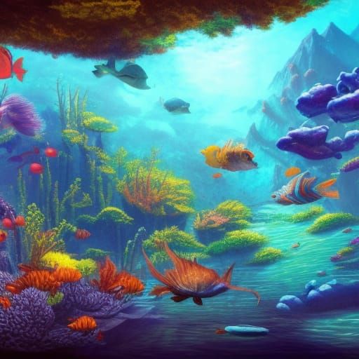 Underwater Bonfire with Tropical Fish in Fantasy Art