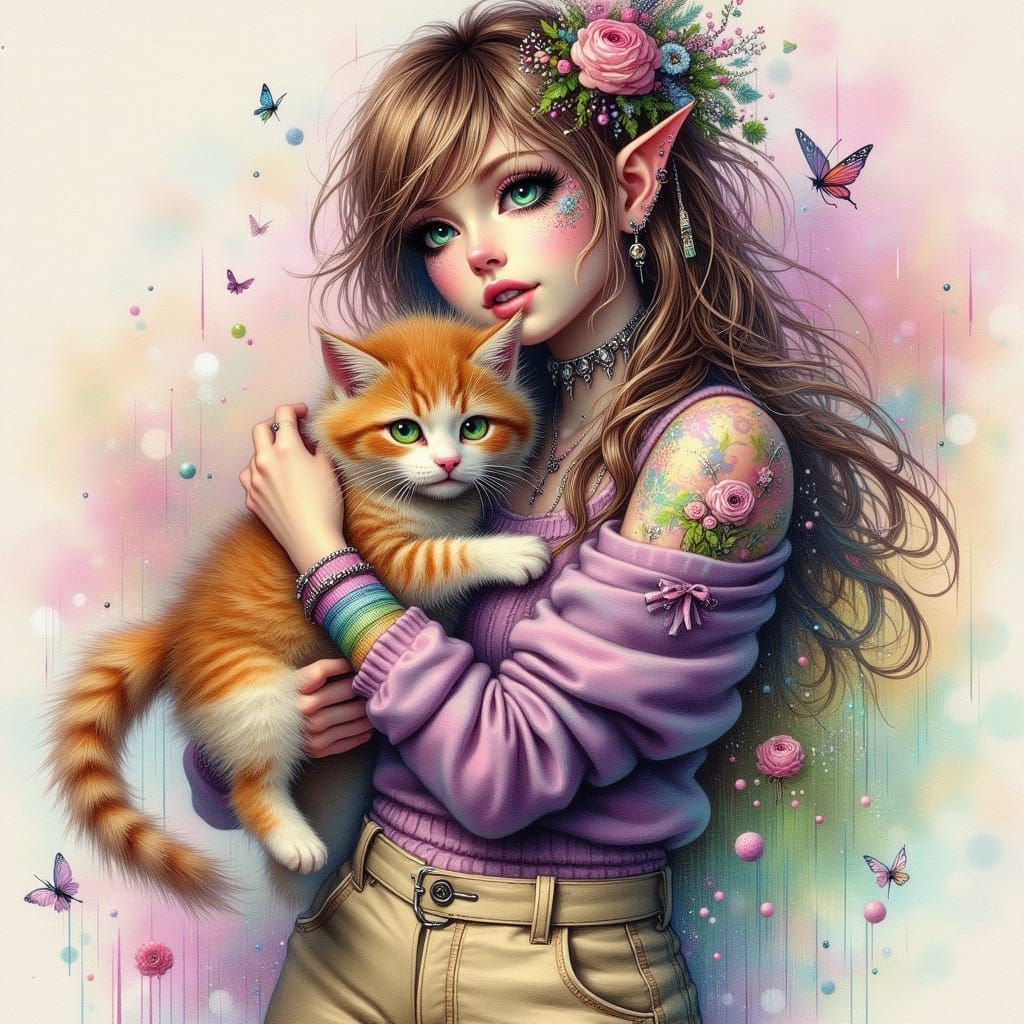 Modern Woman with Emerald Eyes Holding a Ginger Cat
