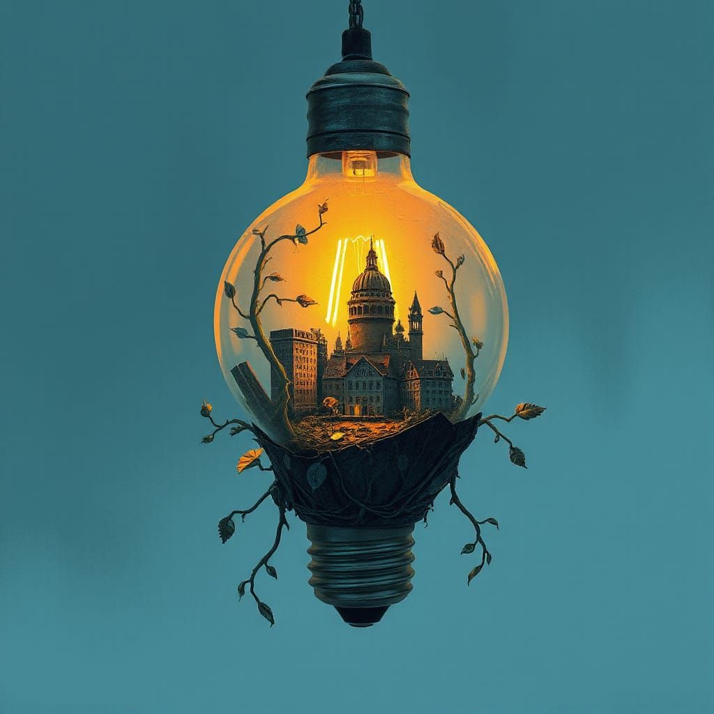 Post-Apocalyptic World in Lightbulb, Shaun Tan Style