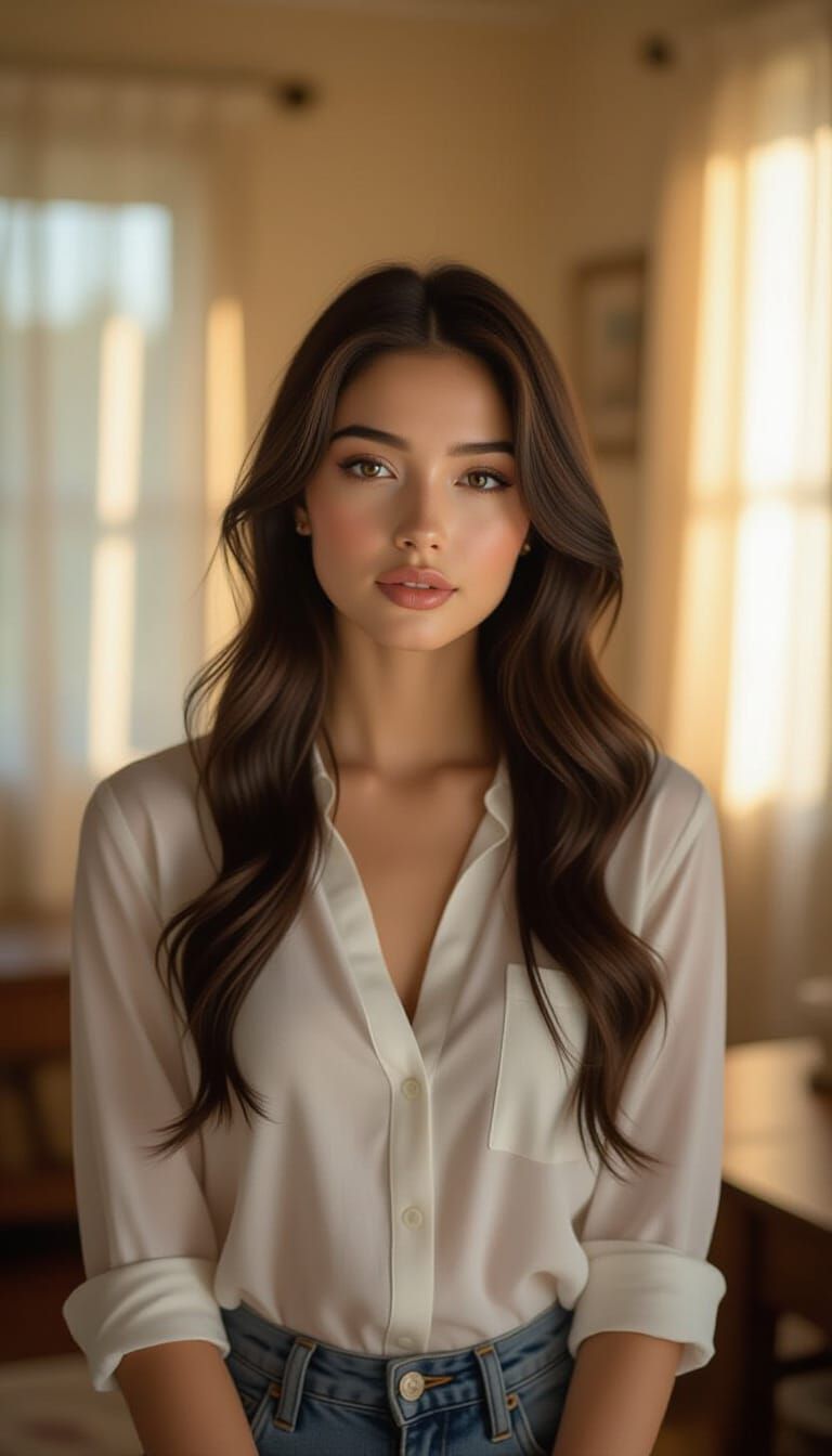 Young Woman in Dimly Lit Room at Golden Hour