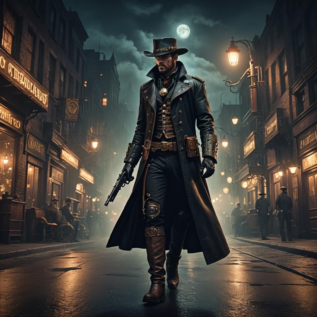 Steampunk Cowboy with Pistol: Detailed Matte Painting