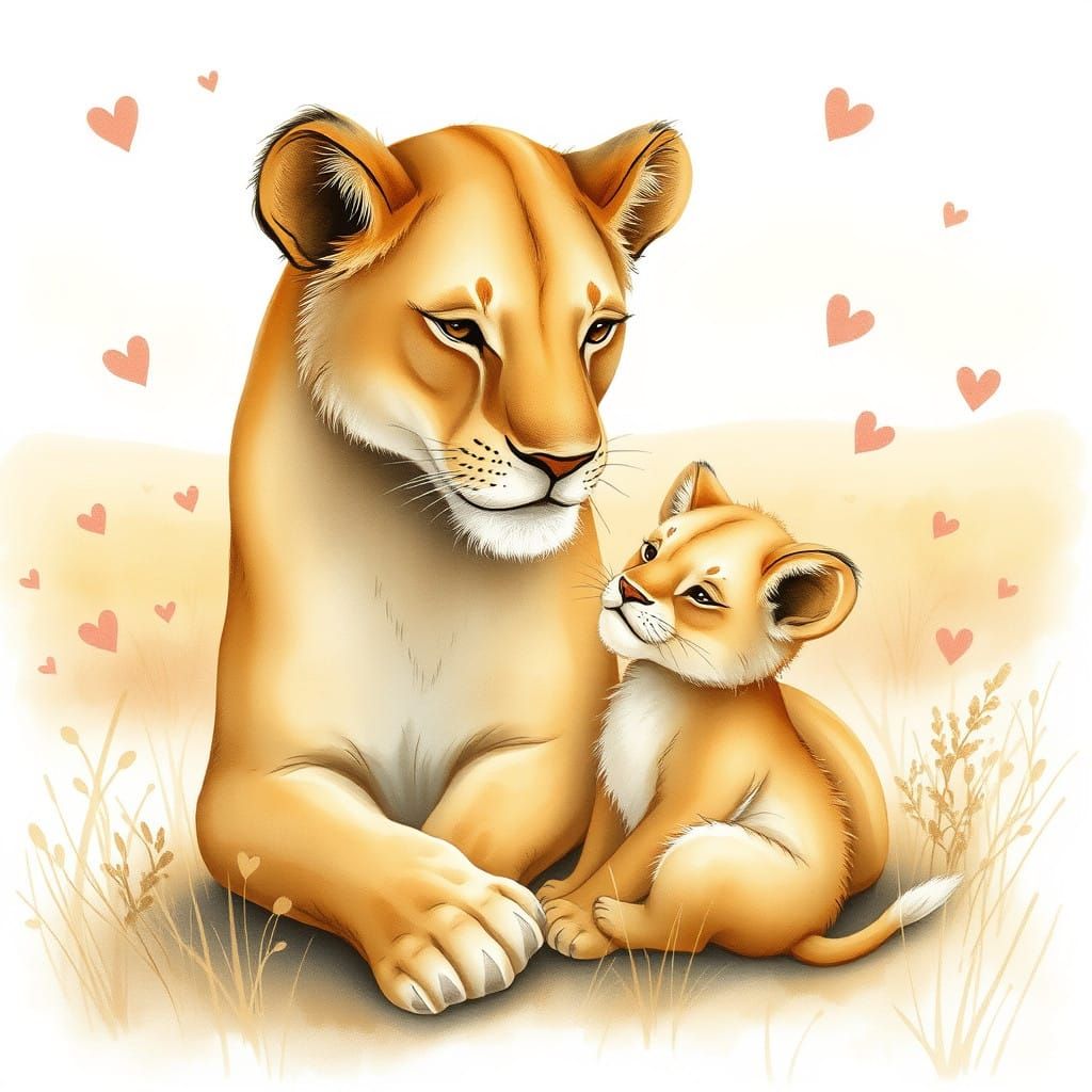 Whimsical Lioness and Cub, Beatrix Potter-Inspired Watercolo...