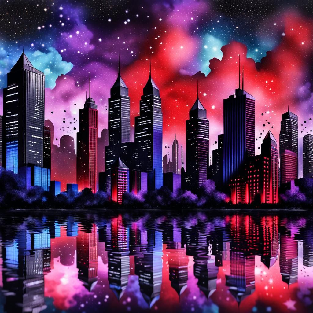 Neon Cityscape Reflections in Gothic Surrealism