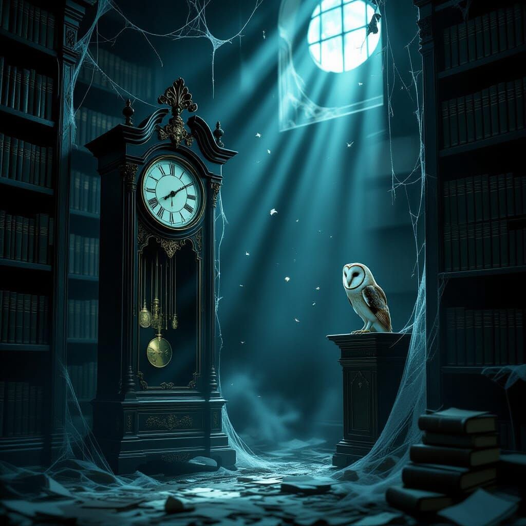 Solitary Owl on Grandfather Clock in Forgotten Library