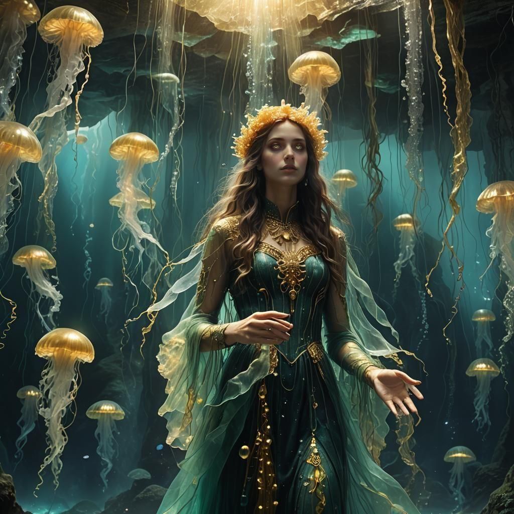 Submerged Veiled Woman in a Magic Cavern