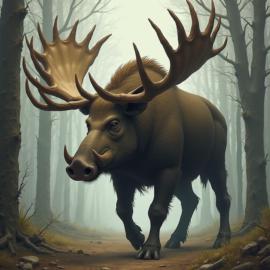 Fierce Boar-Moose Creature in Detailed Forest