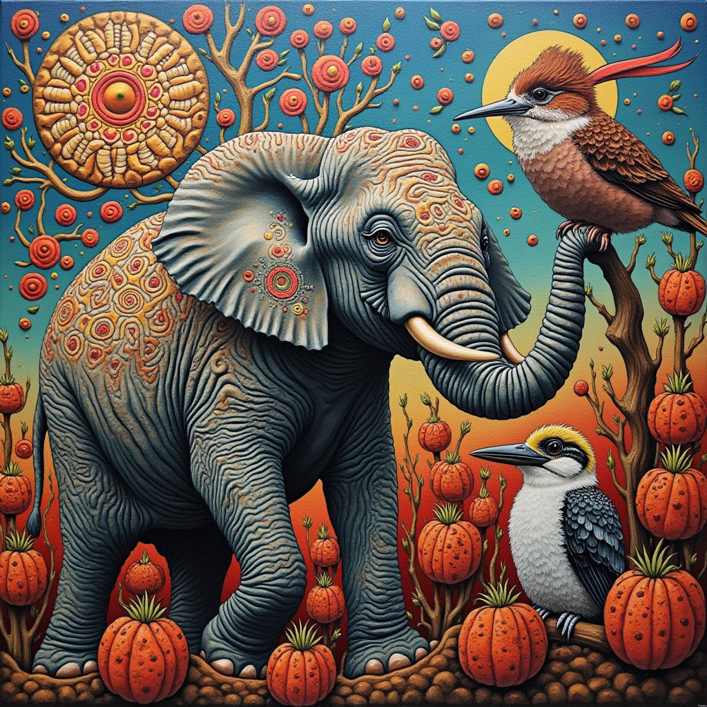 Surreal Maximalist Elephant and Kookaburra Folk-Art Painting