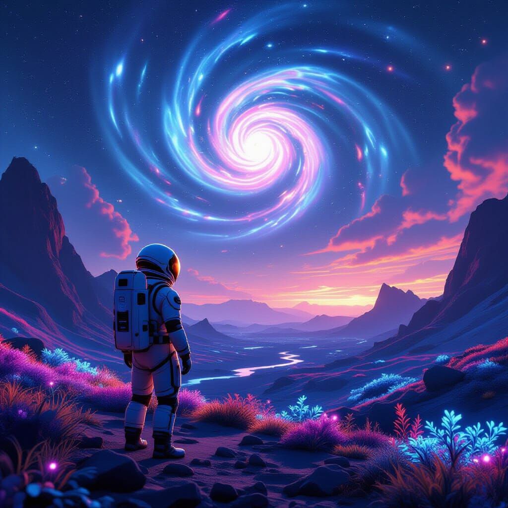 Astronaut on Alien Planet Gazing at Galactic Sky