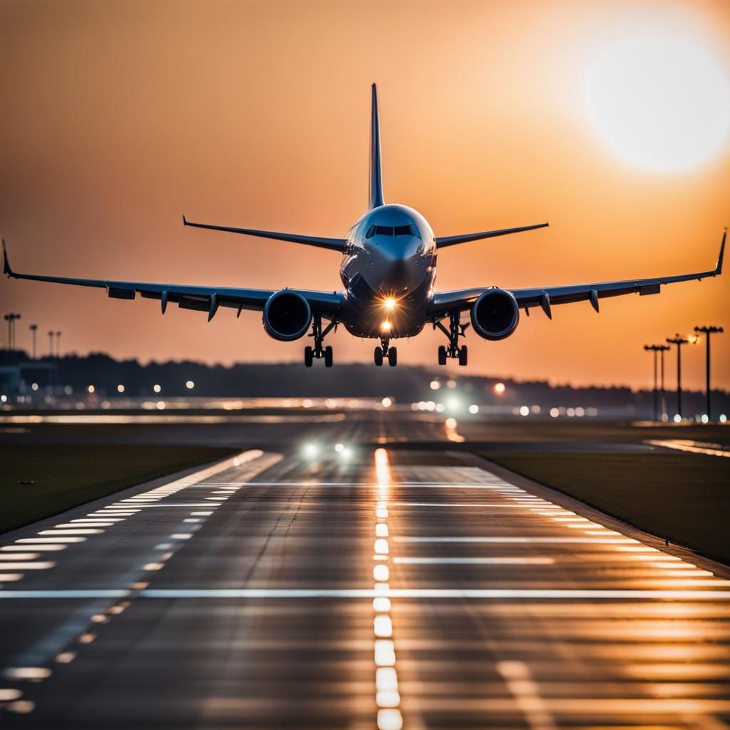 Evening Plane Landing with Bokeh Effect
