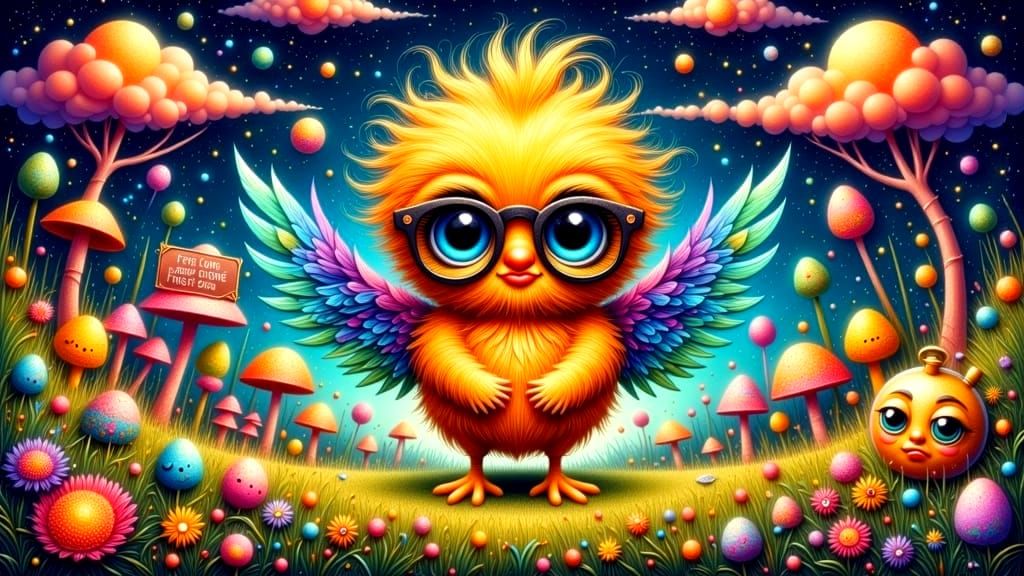 Grumpy Chick in Psychedelic Rainbow Meadow