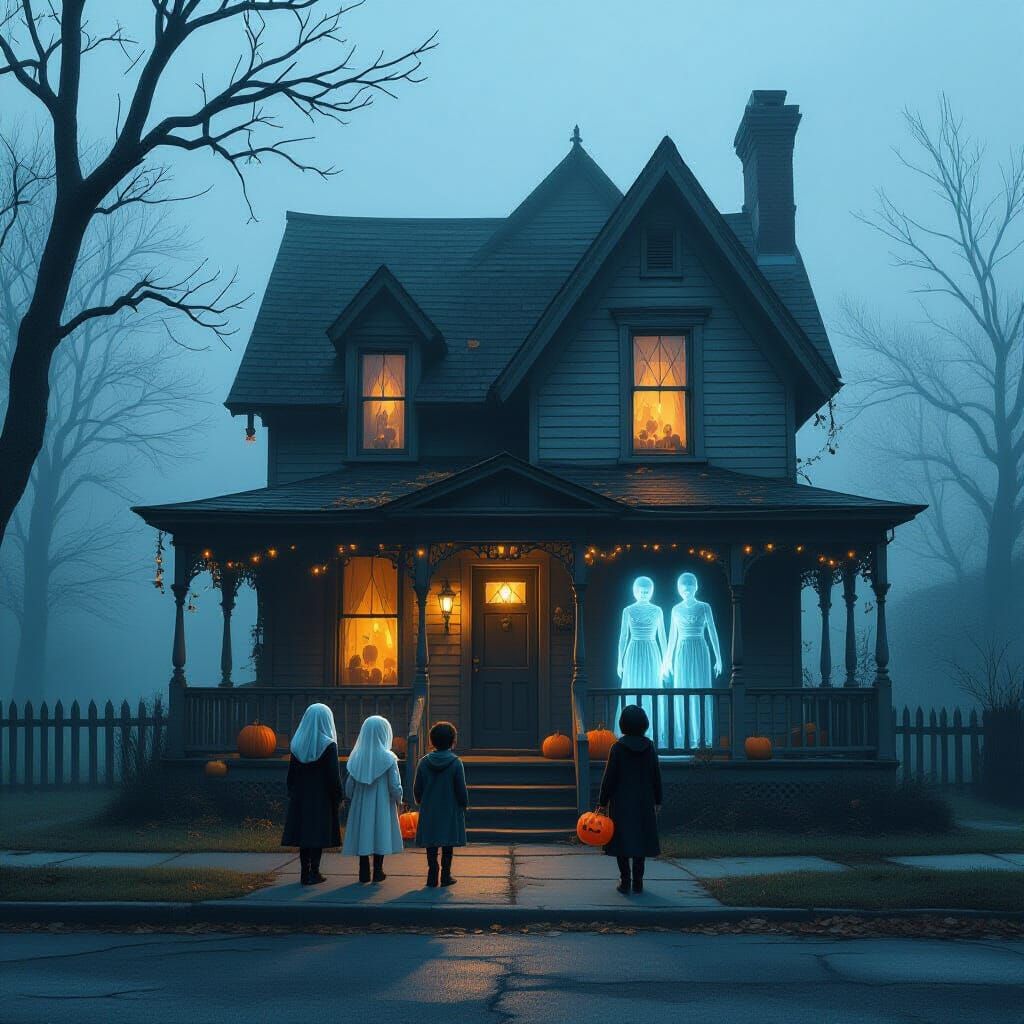 Eerie Halloween Cottage with Spectral Family