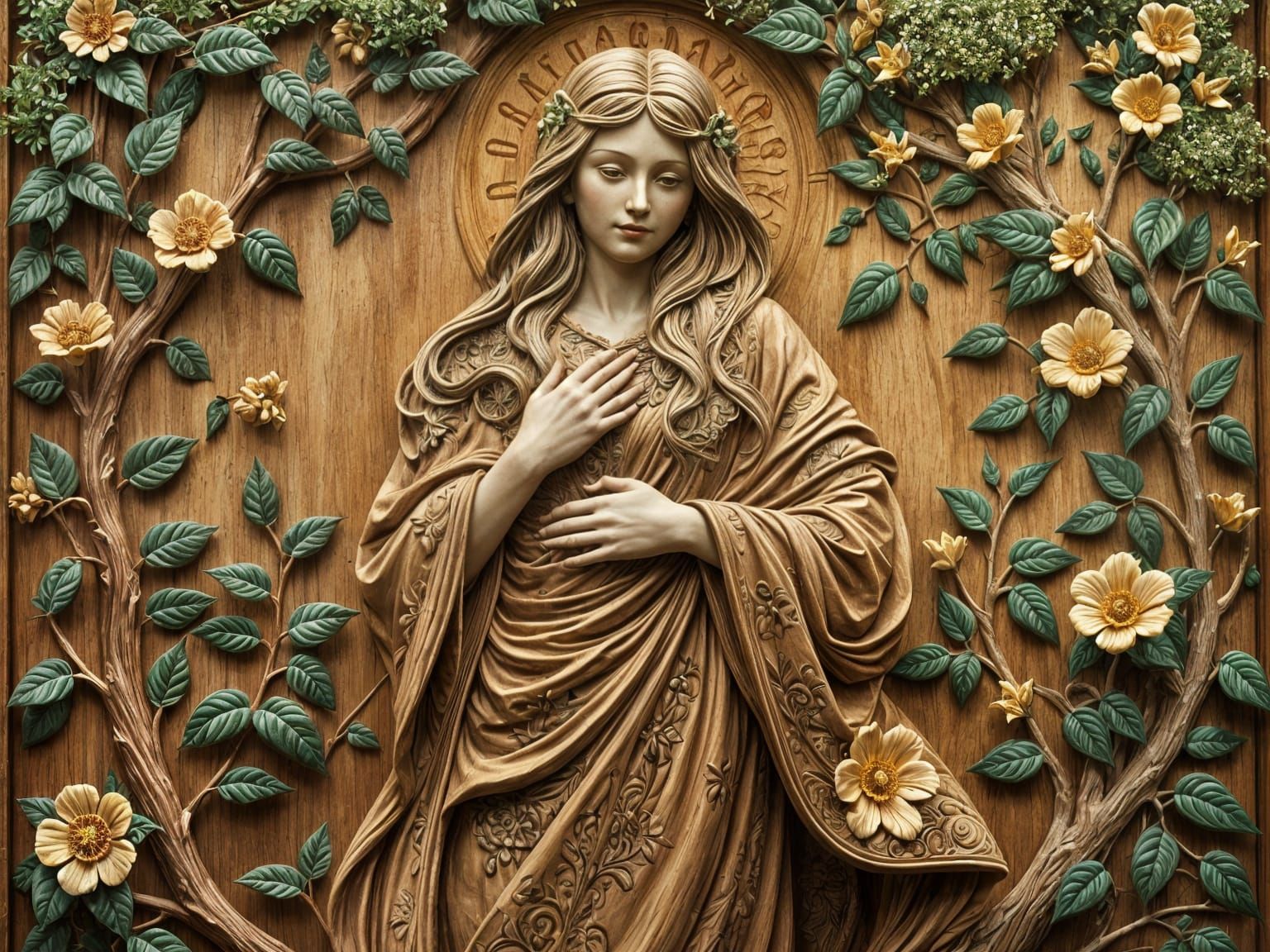 Gaia Mother Earth in Art Deco Wood Relief