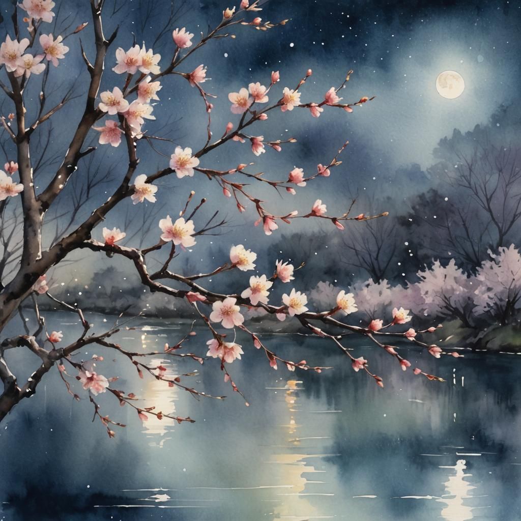 Night Cherry Blossoms in Wet Watercolor