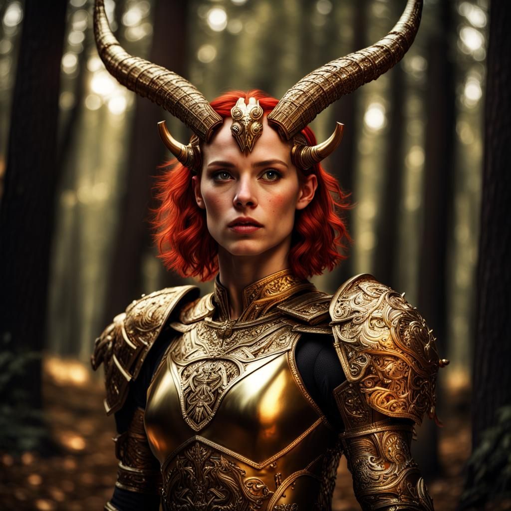 Redhead Woman with Ram Horns in Gold Armor