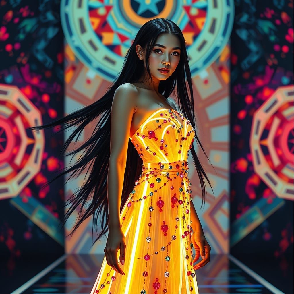 Surreal East Asian Goddess Wears Glowing Neon Gown on Runway