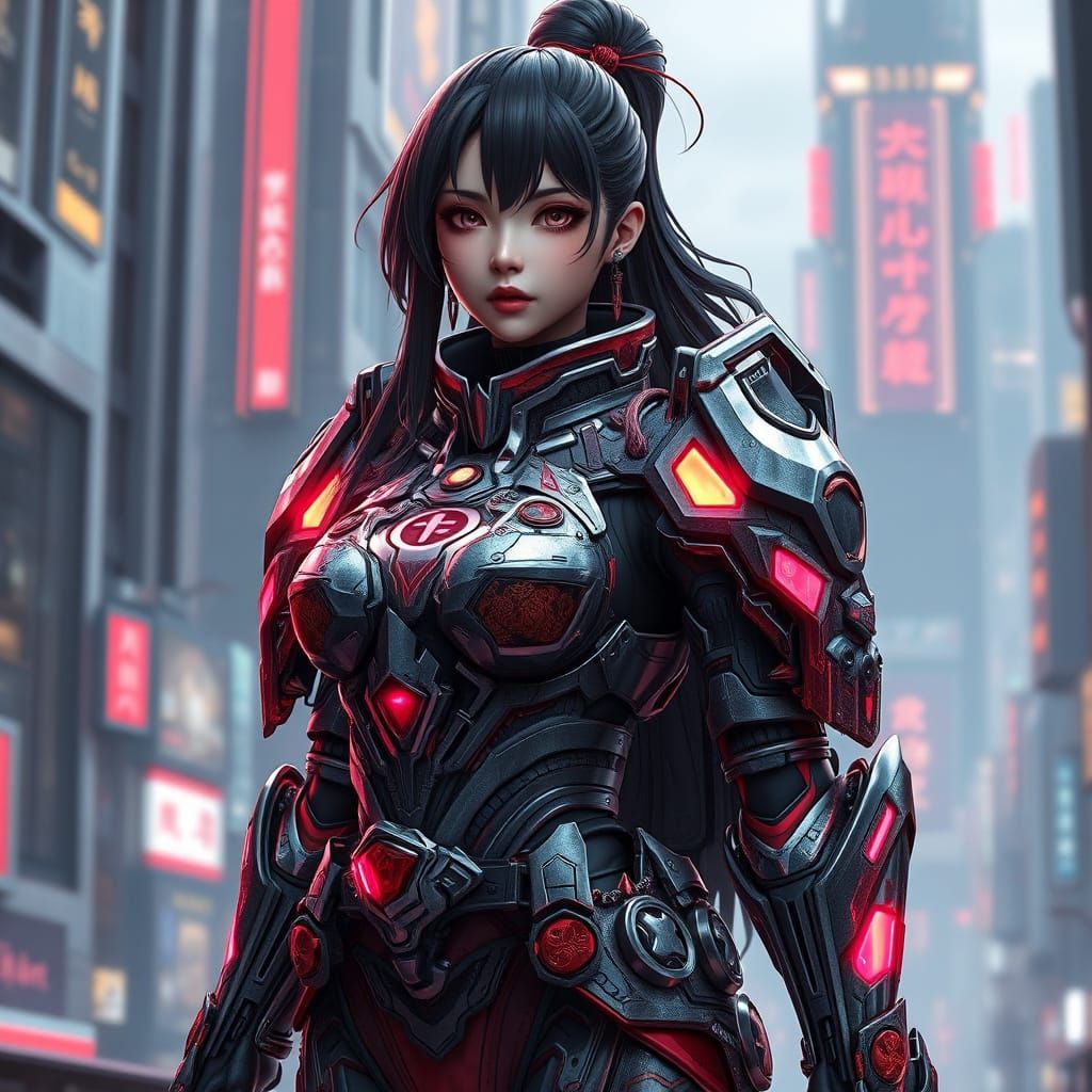 Elegant Cyberpunk Warrior in Ancient Chinese Armor