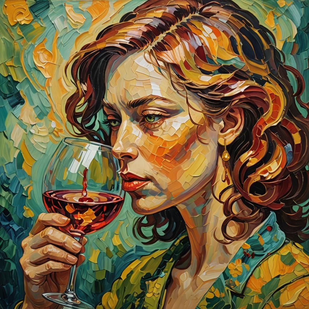 Woman Sipping Wine: Expressionist Oil Painting in Van Gogh S...