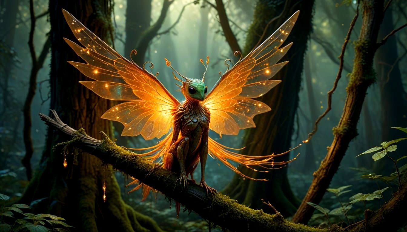 Flame-Winged Sylph in Numinous Forest, Painterly Surrealism