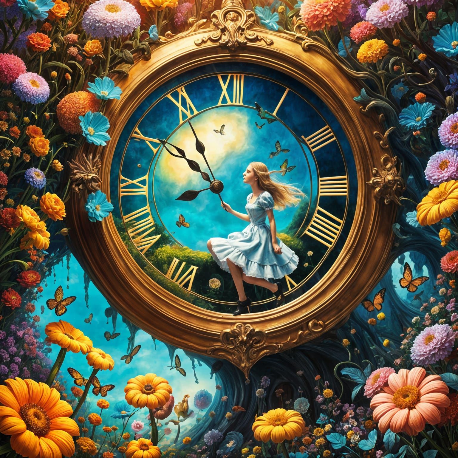 Alice's Surreal Descent: Fantasy Dreamscape in Oils