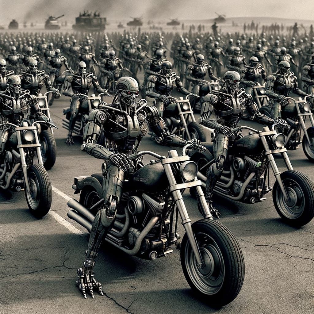 Robot Army on Harley Davidsons Headed to War