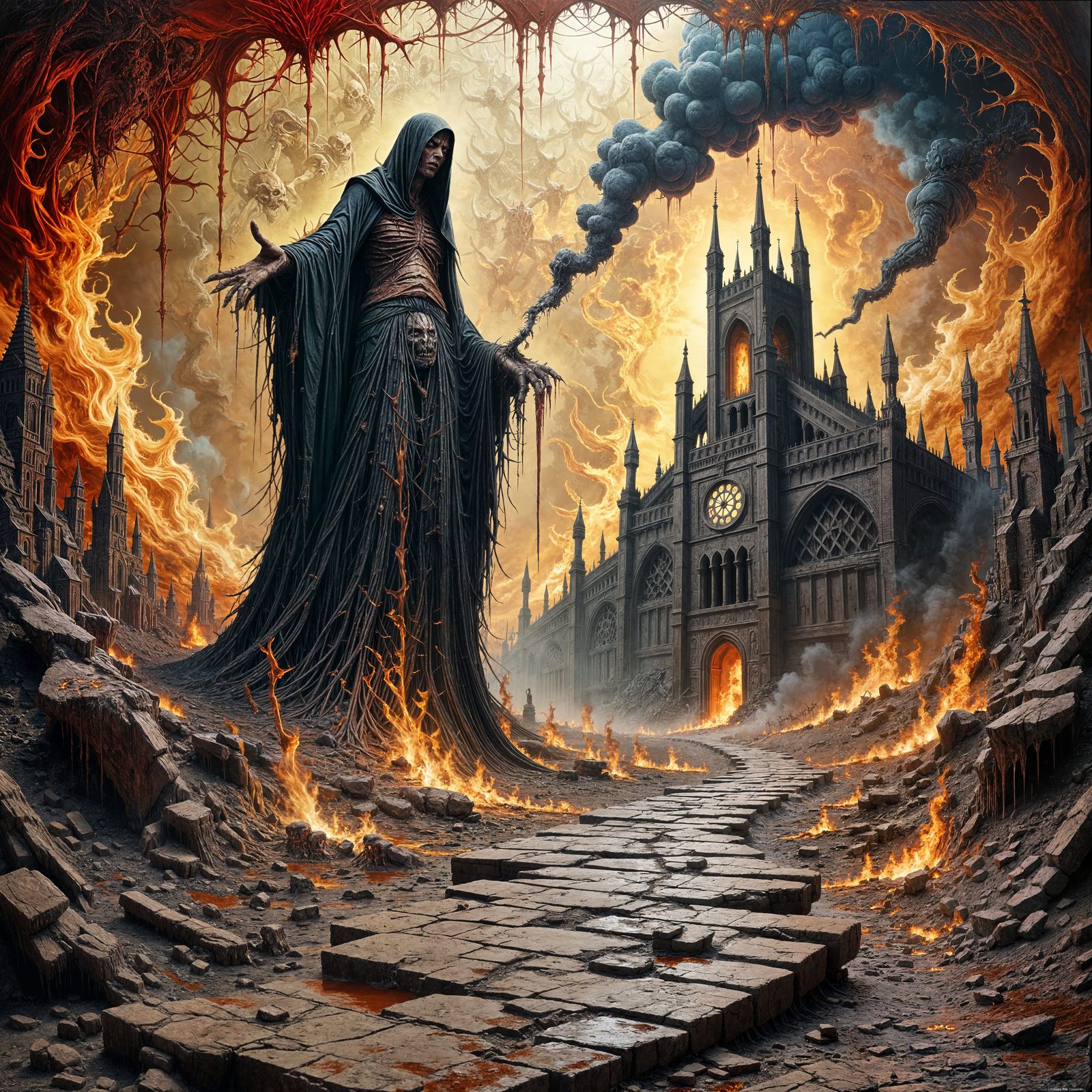 Skeletal Figure Approaches Fiery Abyss in Dark Fantasy Style