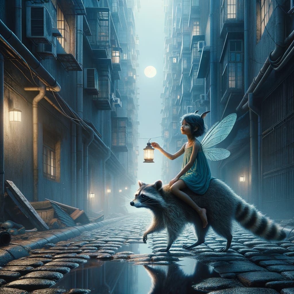 Urban Fairy Rides Raccoon Through City Alleys