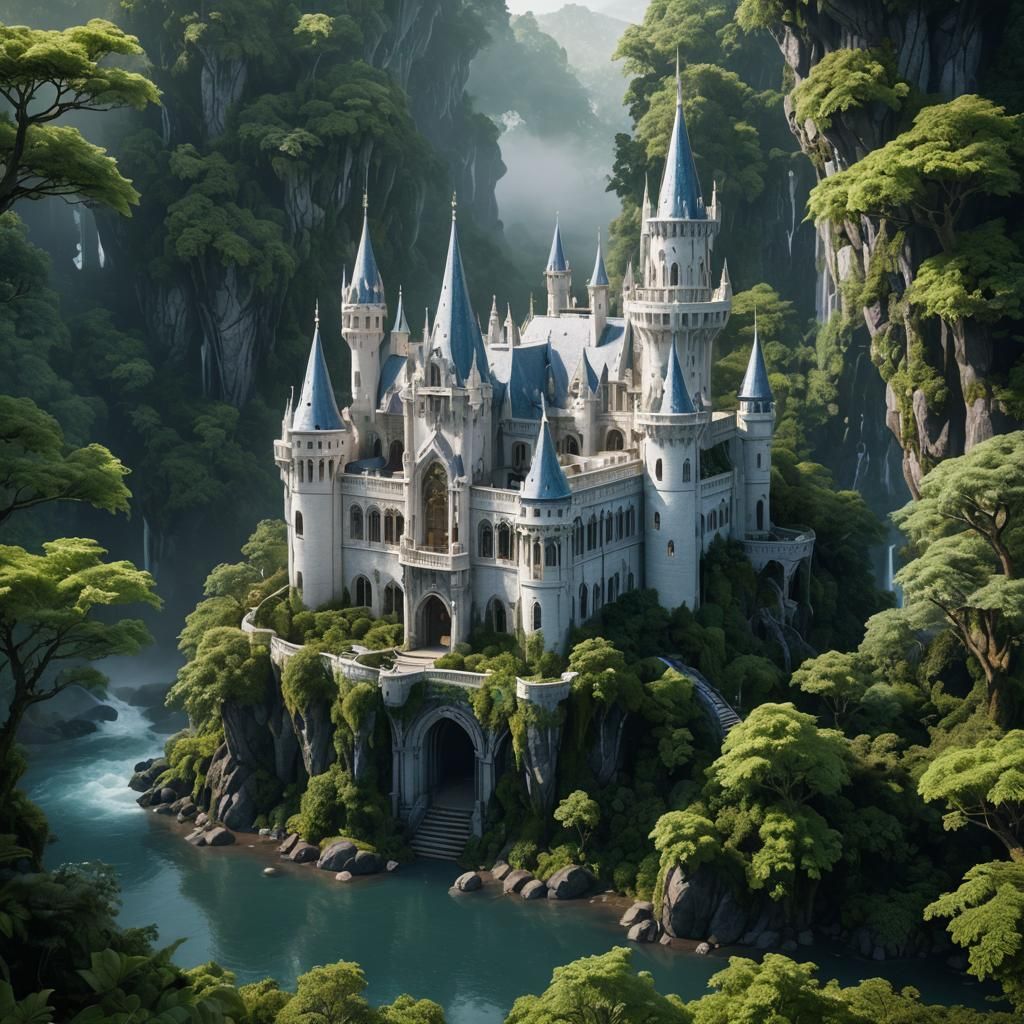 Ethereal Fae Castle in Misty Forest, Digital Painting