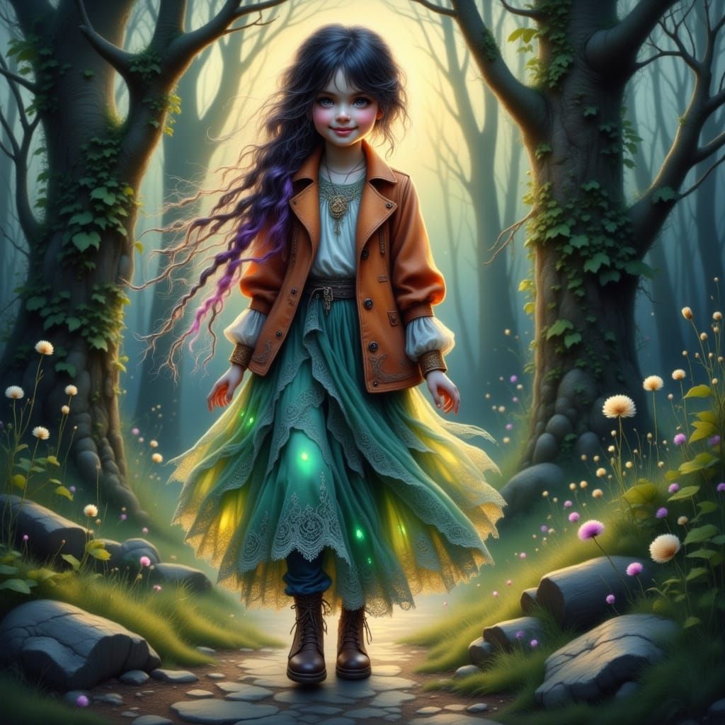 Joyful Girl Embarks on Whimsical Moonlit Adventure in a Drea...