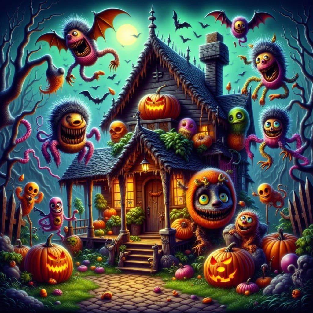 Whimsical Halloween Creatures & Haunted House