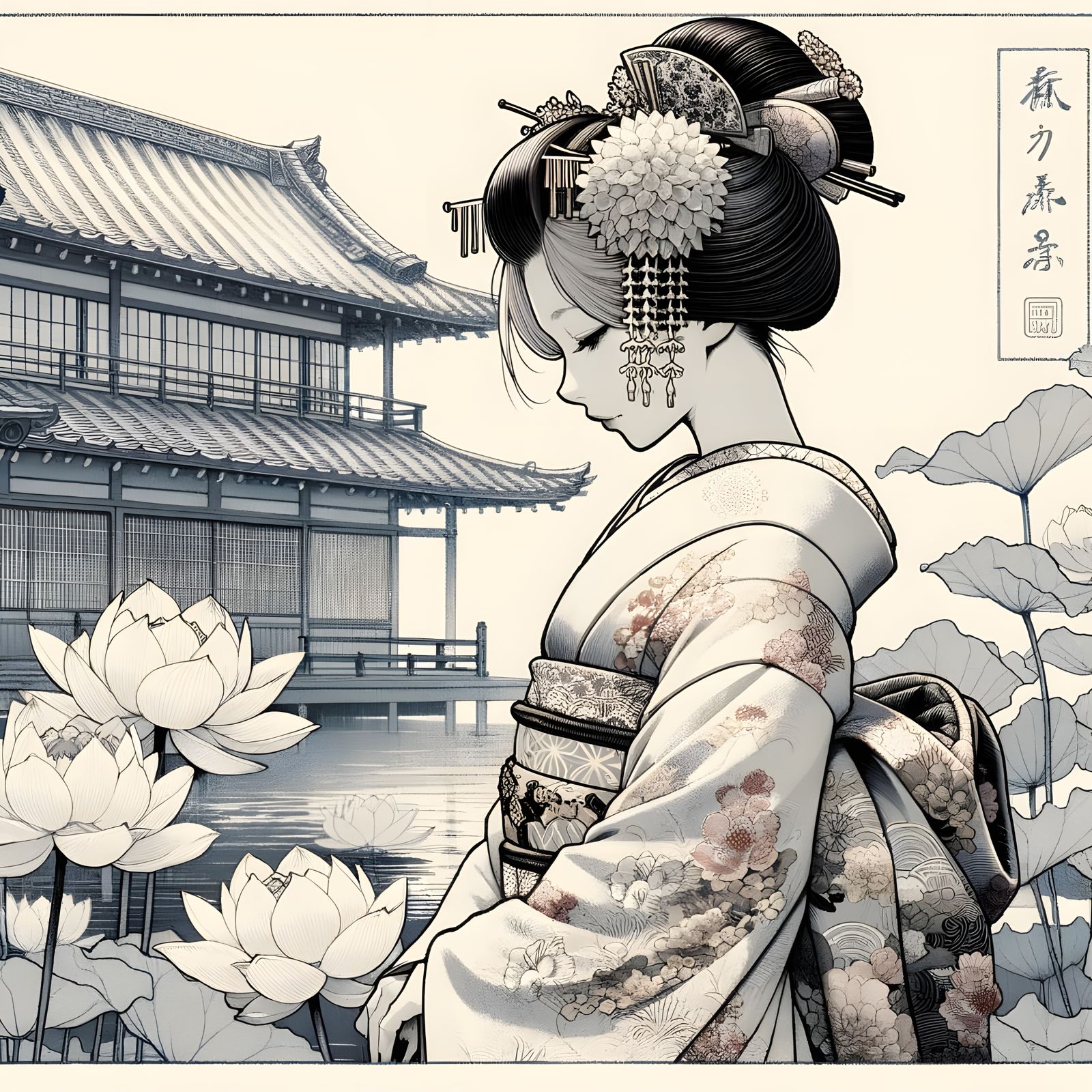 Elegant Geisha in Pastel Kimono, Manga Style