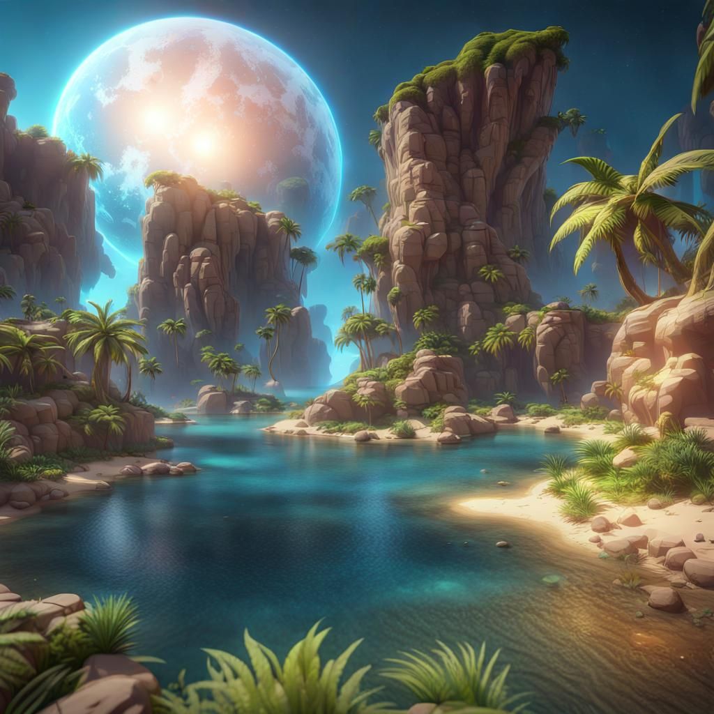Island Oasis in Space: 3D Game Cinematic Render