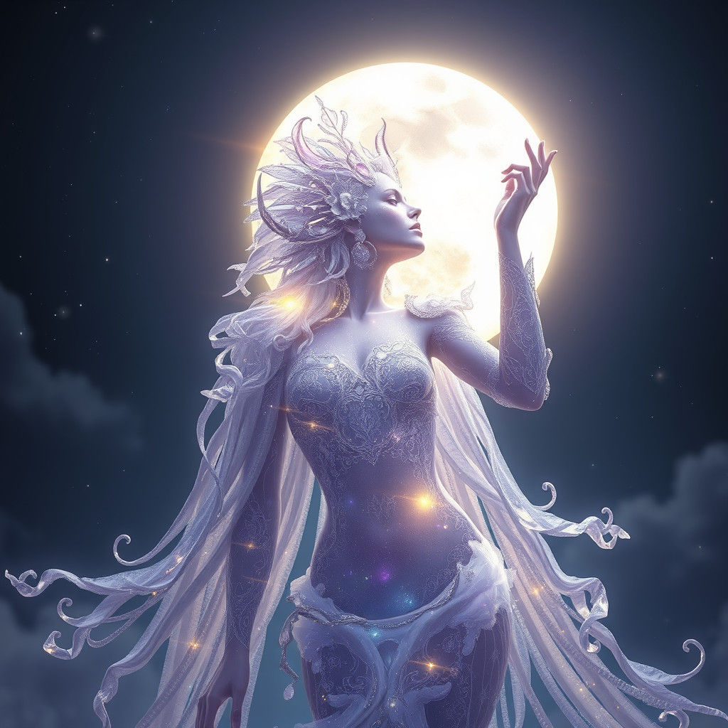 Ethereal Moon Goddess with Crystal Body in Digital Art