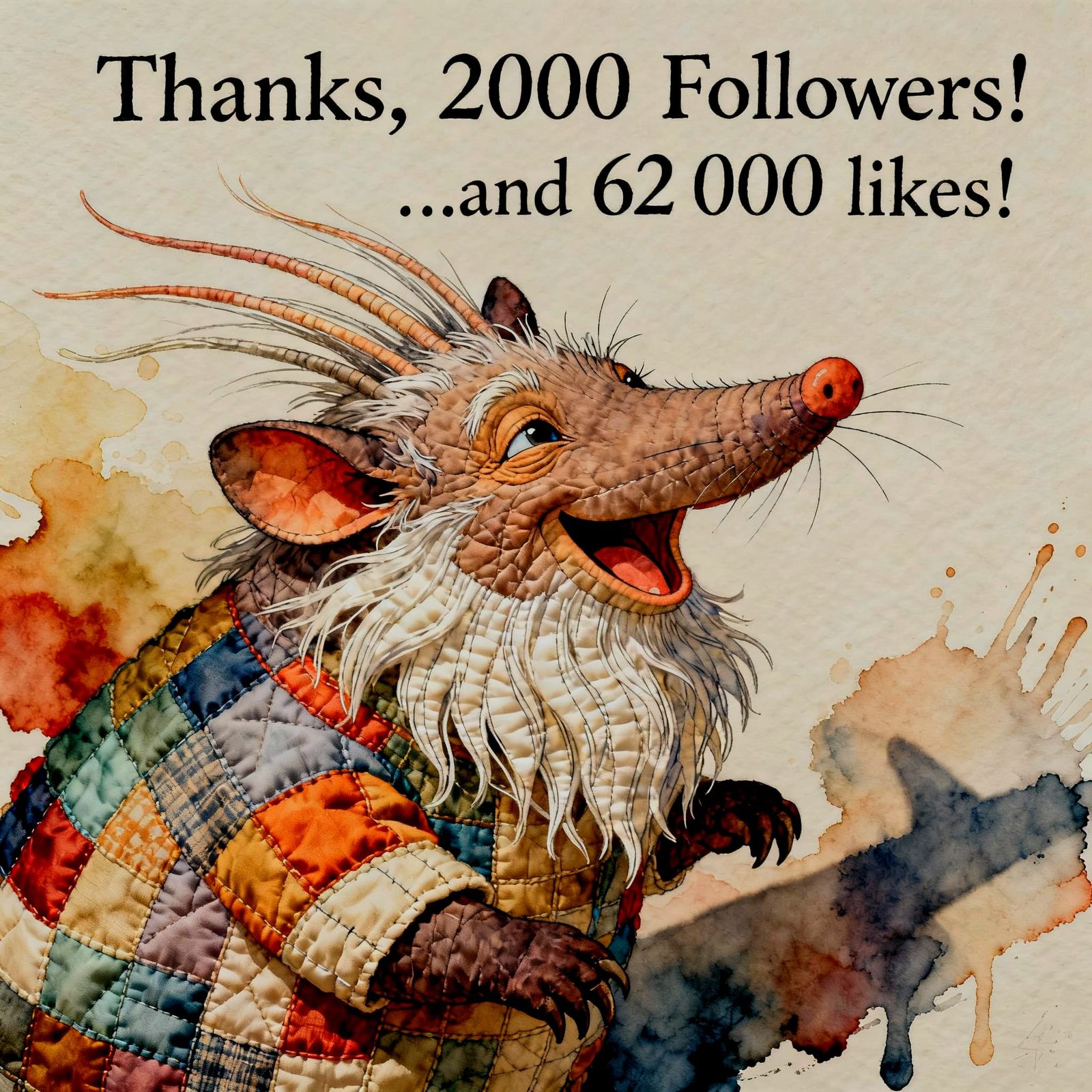Whimsical Aardvark Thanks Followers in Detailed Quilted Styl...