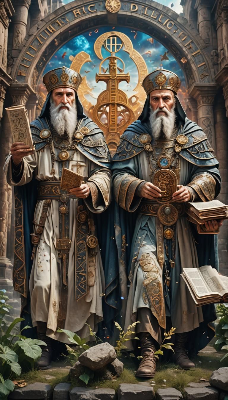 Cyril and Methodius in Ancient City with Alphabet