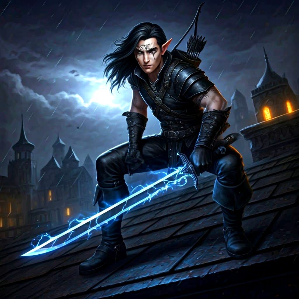 Half-Elf Rogue with Lightning Sword on Rooftop