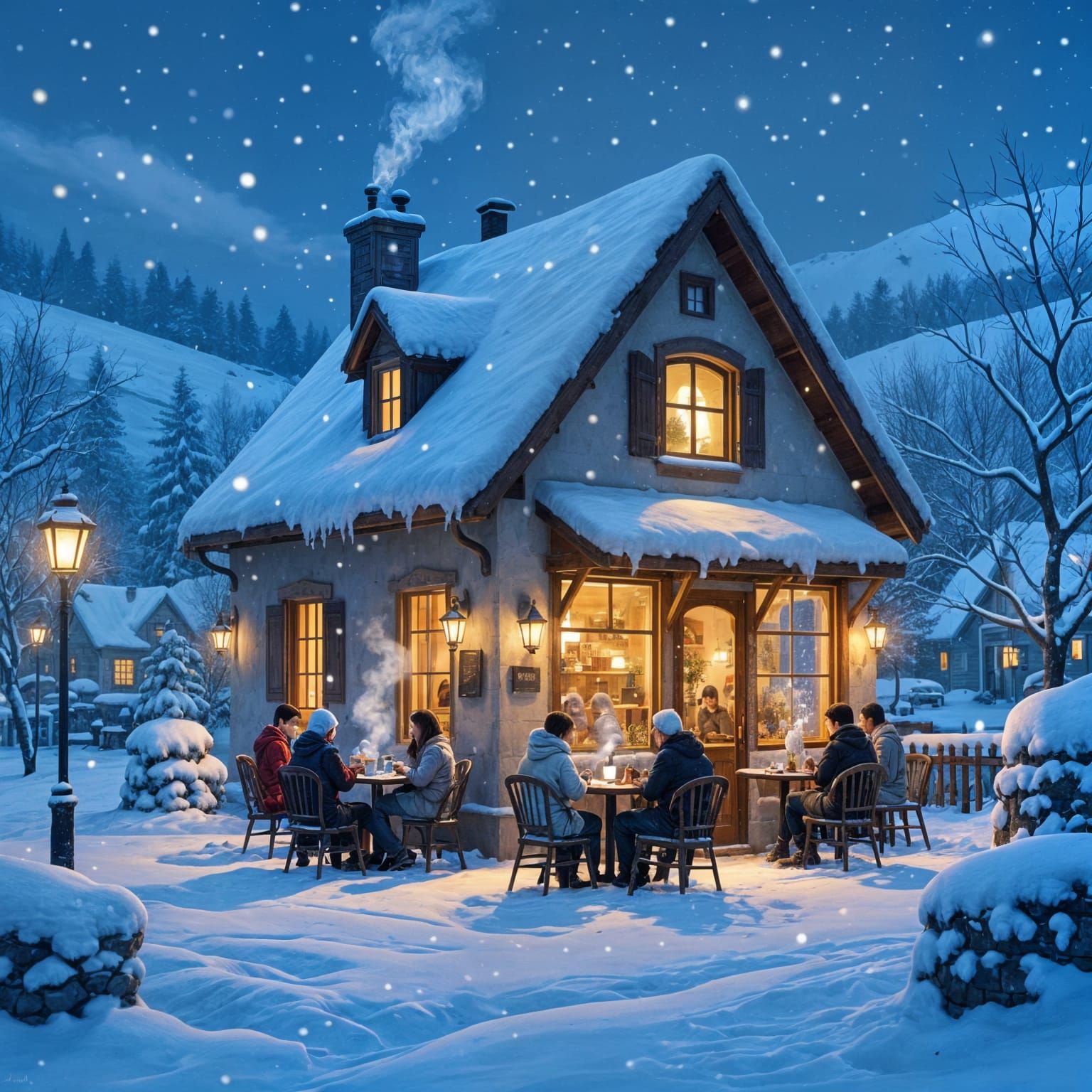 Cozy Snow-Covered Cafe with Biophilic Design