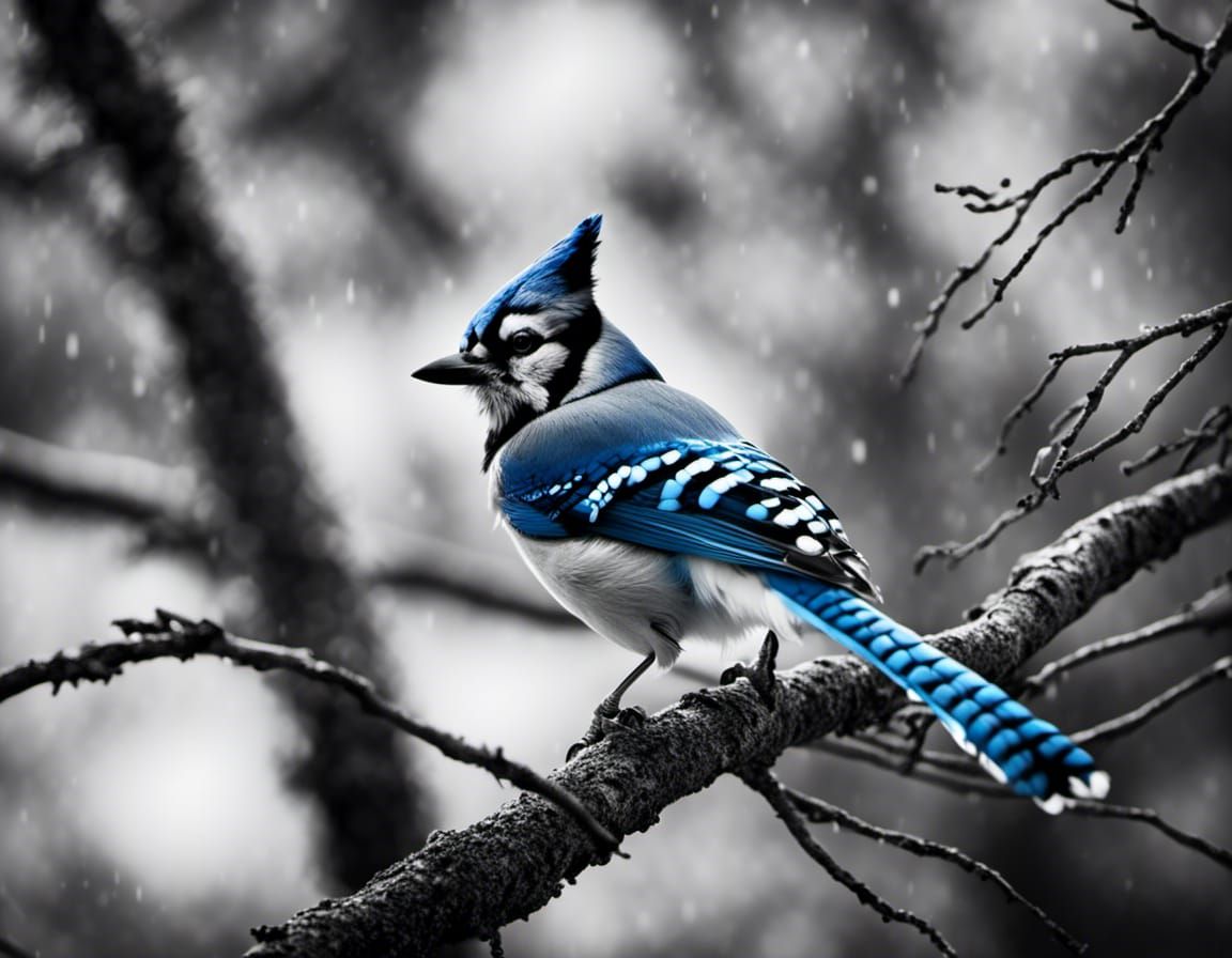 Blue Jay in Winter: Black and White Cinematic Film Still