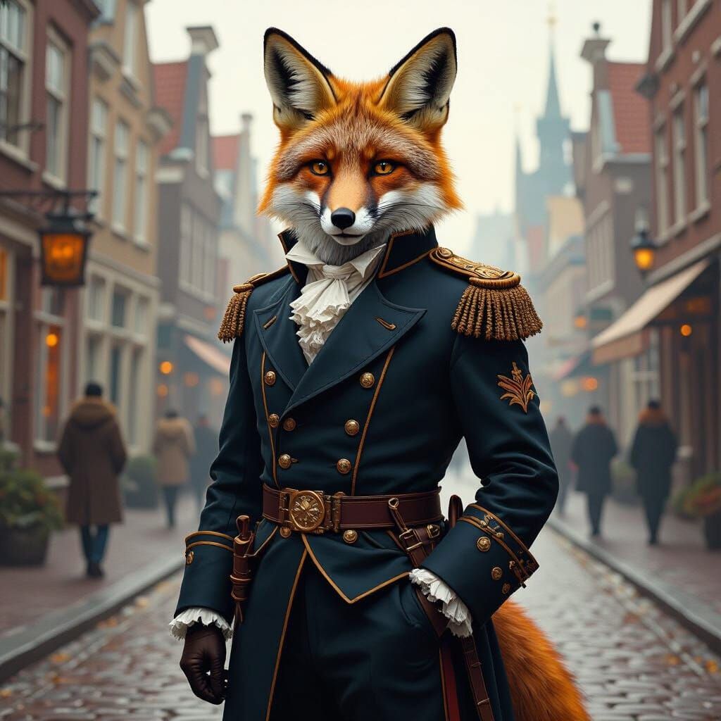 Fox in Fencing Uniform in Old Town, Impasto Painting