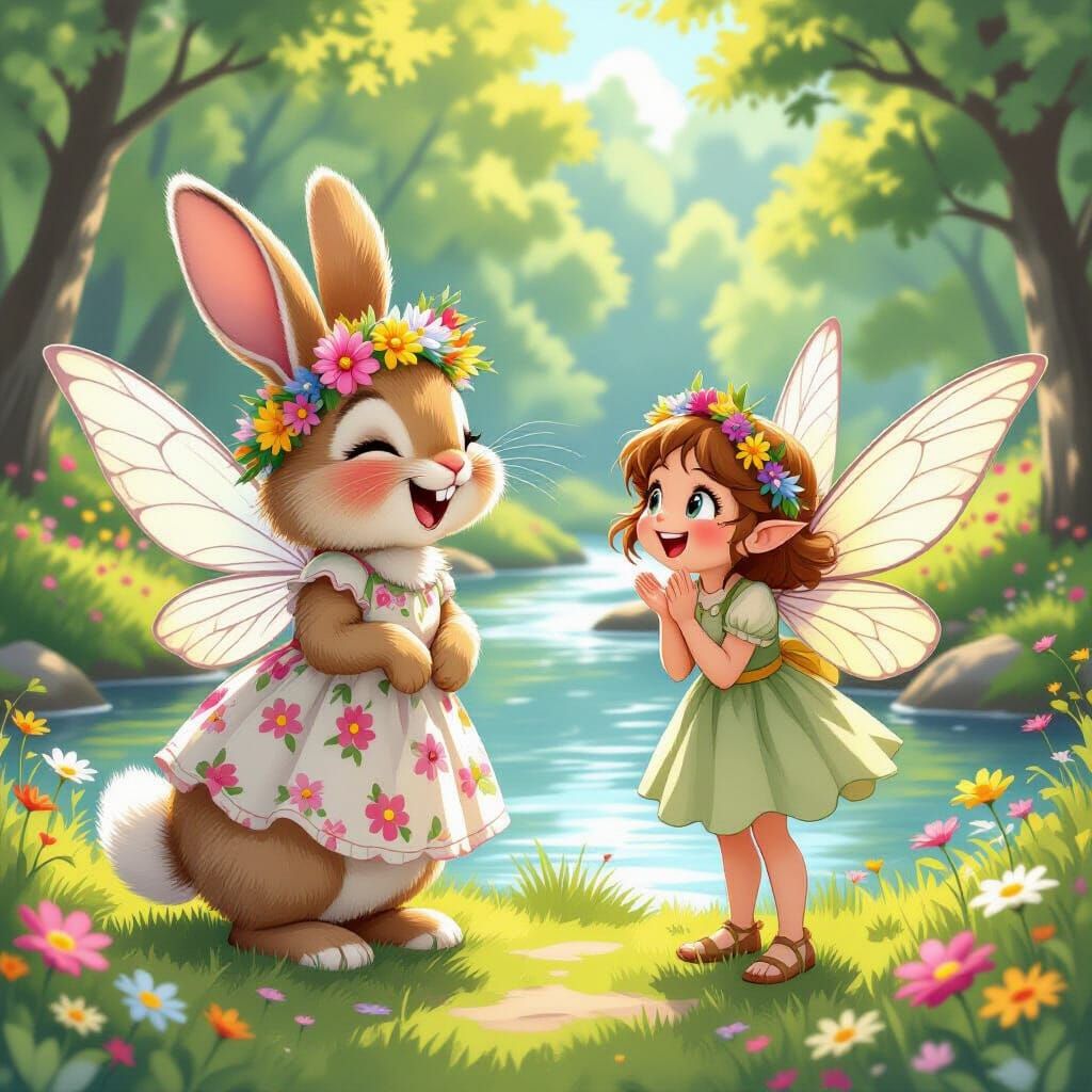 Joyful Bunny and Fairy in Flowery Forest