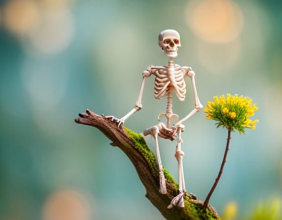 Miniature Skeleton on Cherry Blossom Branch in Hyperrealism
