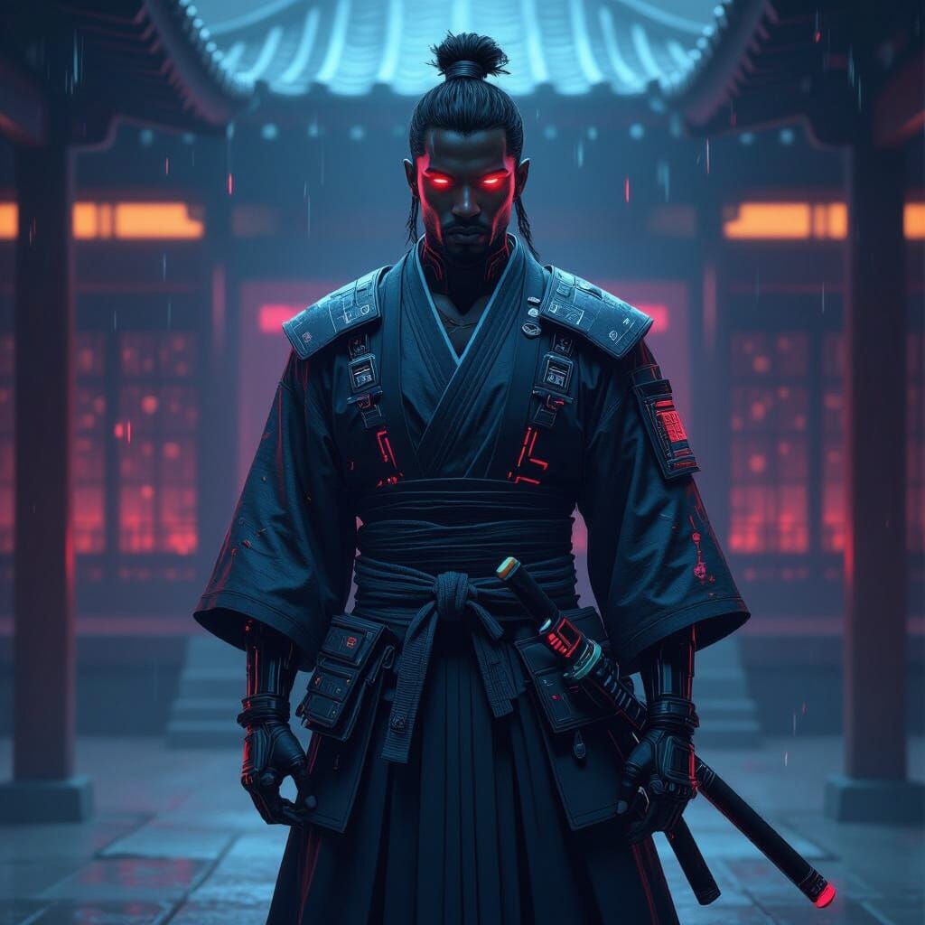 Neon Cyborg Samurai in Dojo: Digital Painting