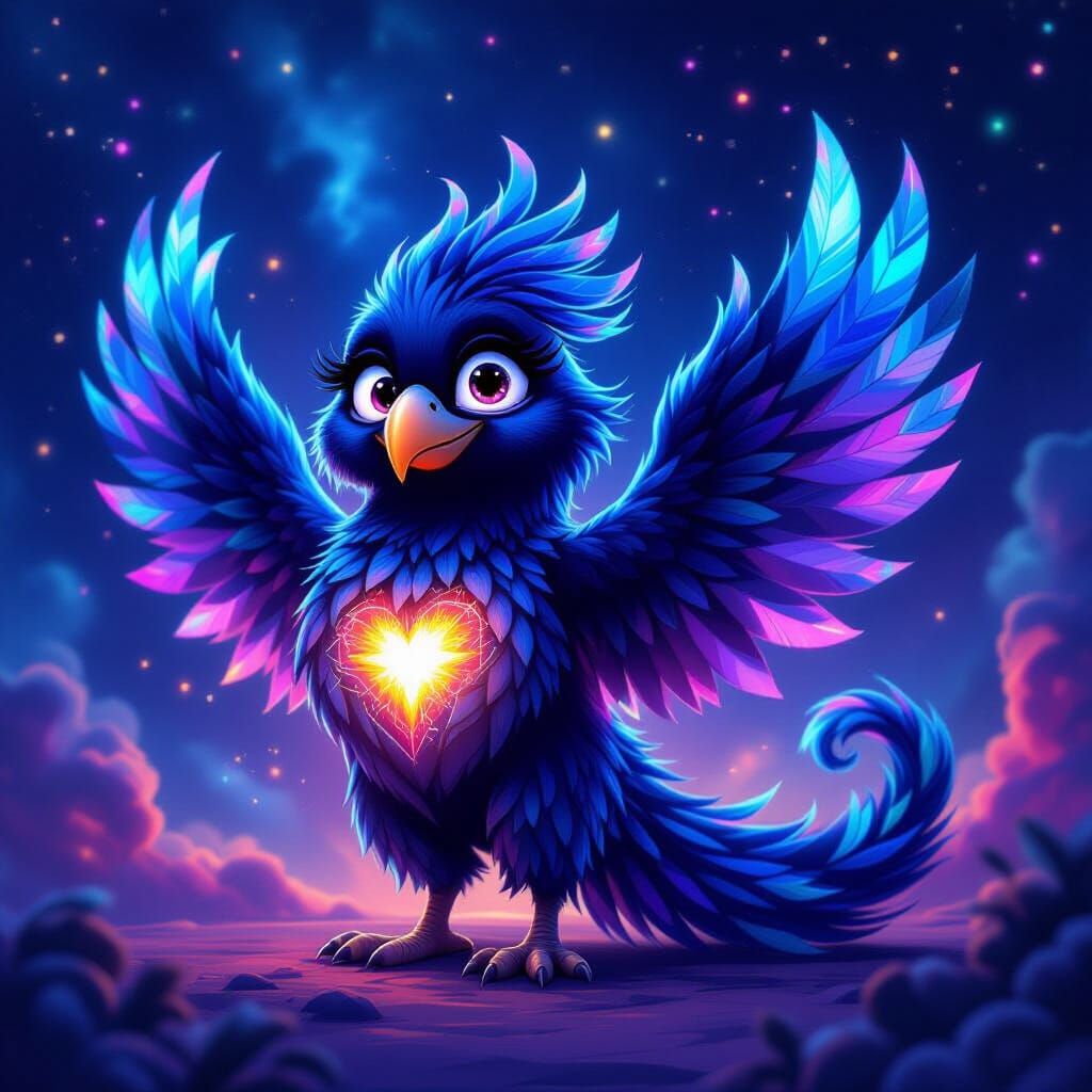 Cosmic Phoenix Heart Creature in Vibrant Digital Art Style