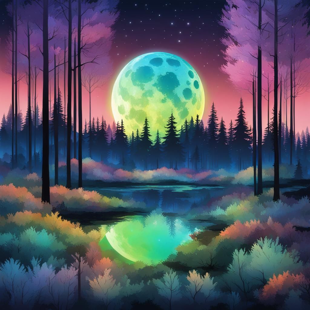 Iridescent Moon over Abstract Forest Poster