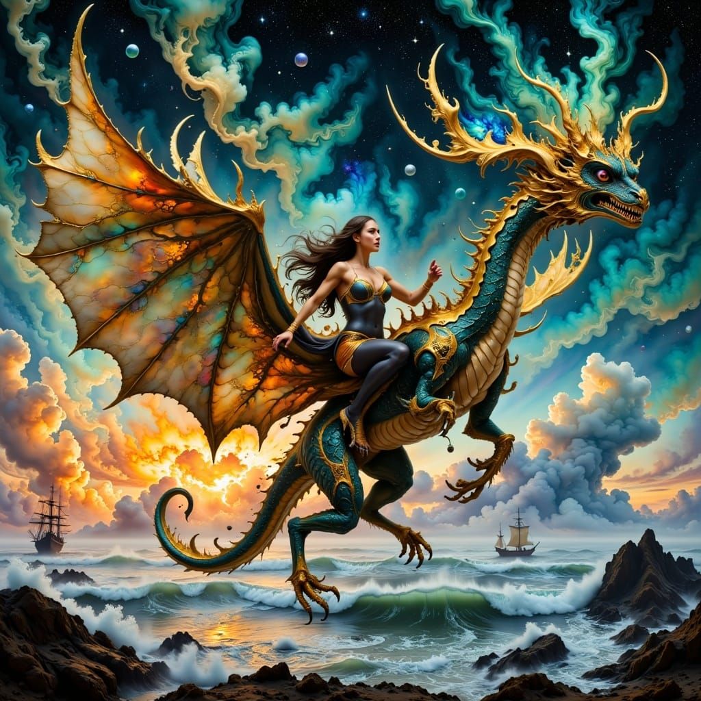 <lora:hyperkraximalismus:1.0> A majestic dragon flying over ...