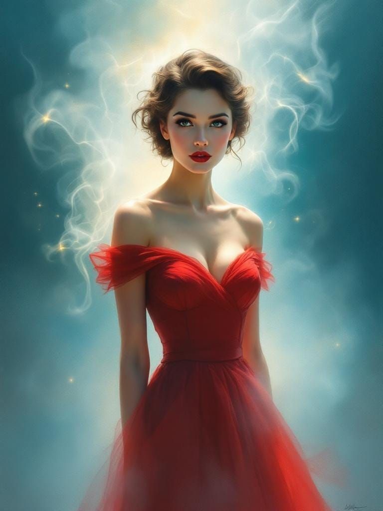 Vintage Woman in Red Dress with Luminous Mist