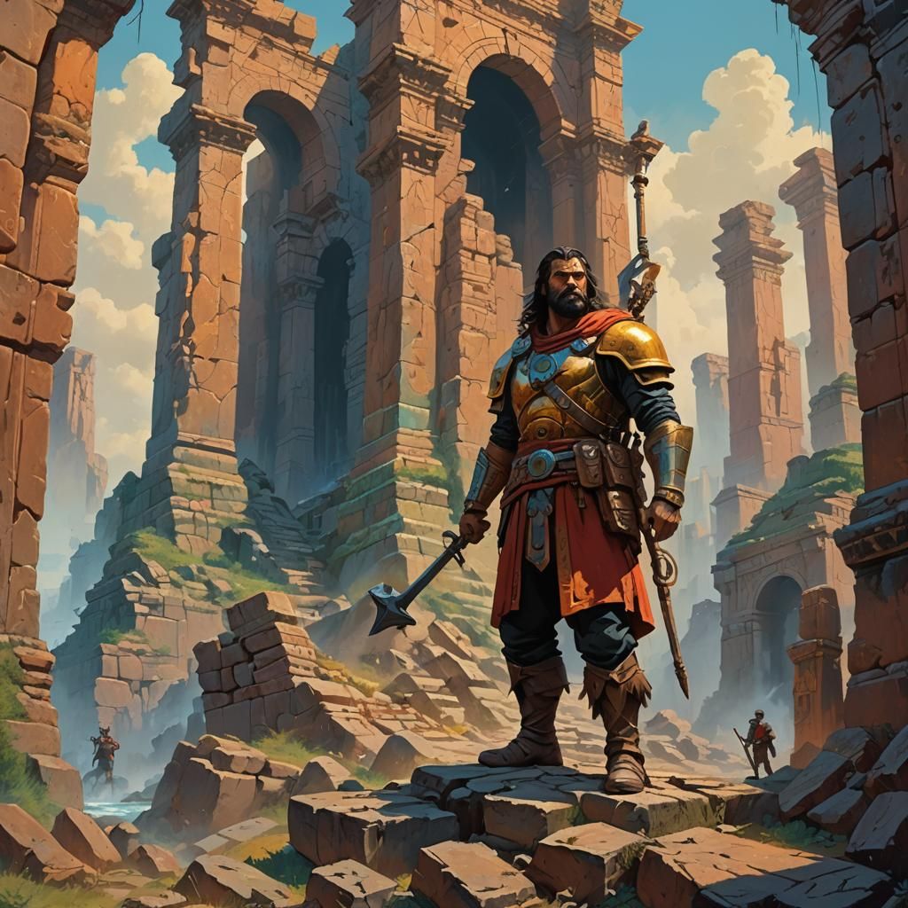 Heroic Figure Amid Ancient Ruins: Fantasy Art