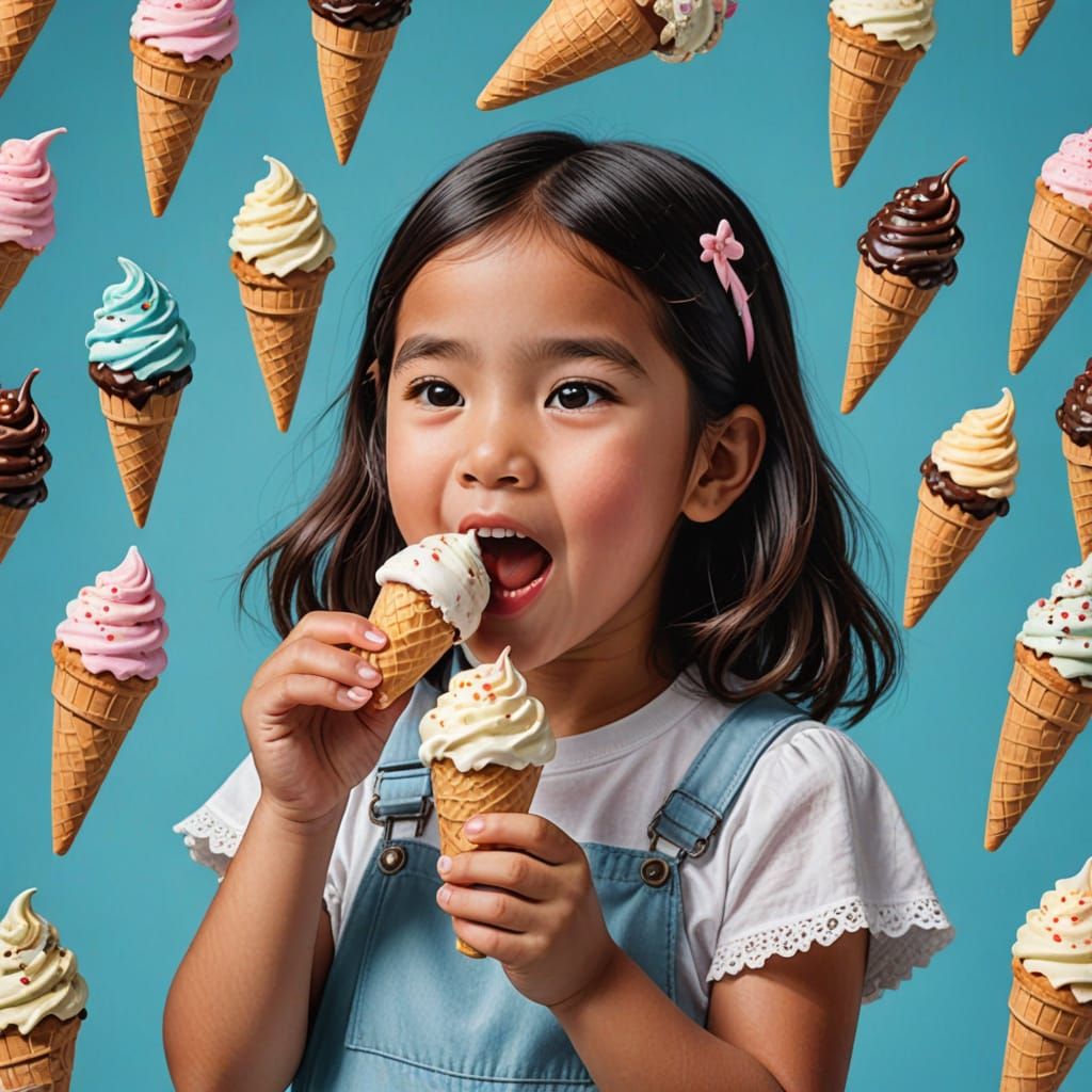 Girl with Melting Multi-Flavored Ice Cream Cone
