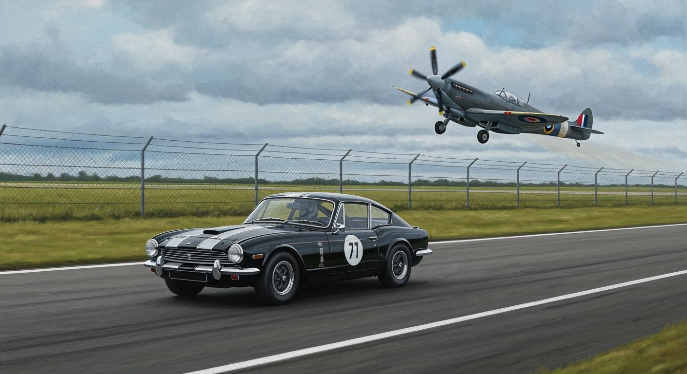 Acrylic Painting: 1969 Triumph GT6 Races Past Spitfire